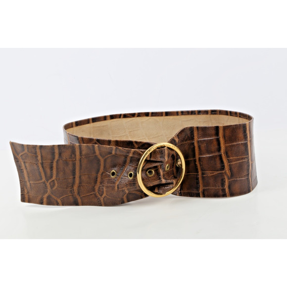 Vintage Croco Print Leather Belt Brown Wide Gold Round Buckle Size S main image 16